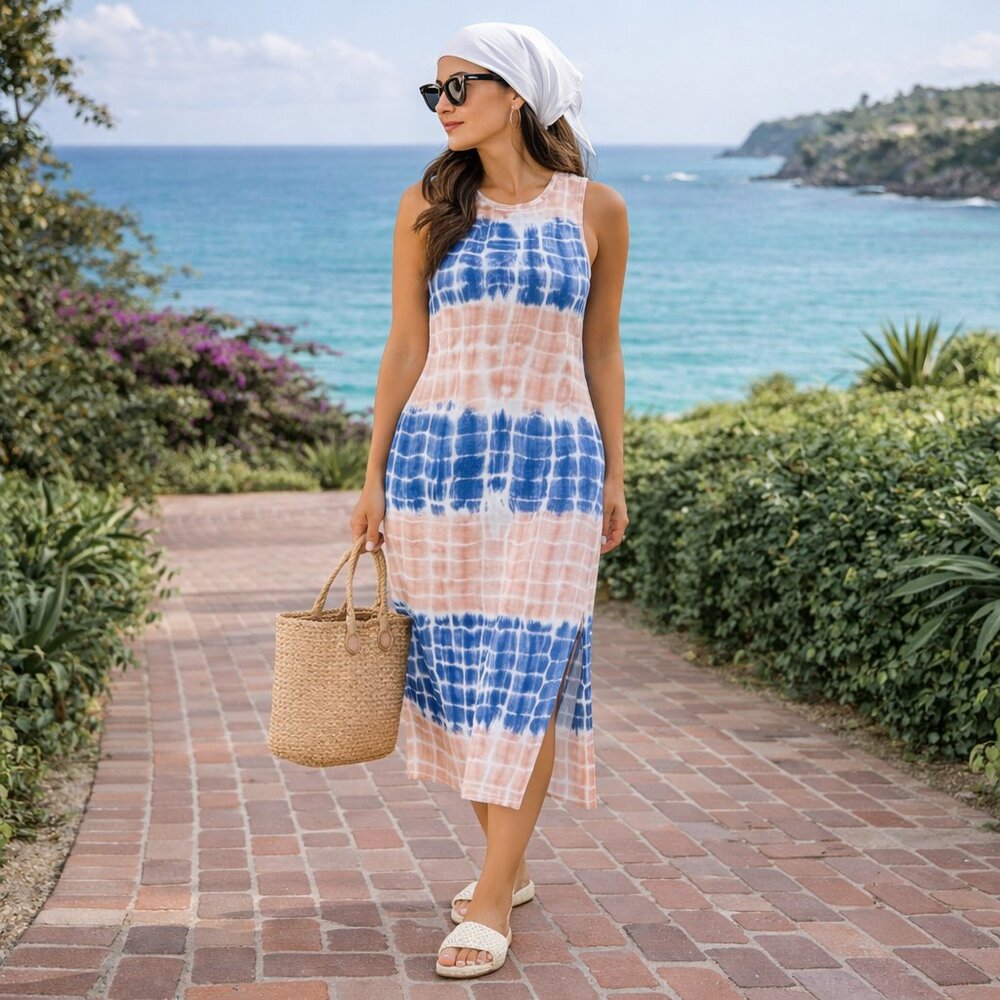 Tie Dye Color Block Midi Dress Pink Blue Sleeveless Knit Coastal Boho Medium